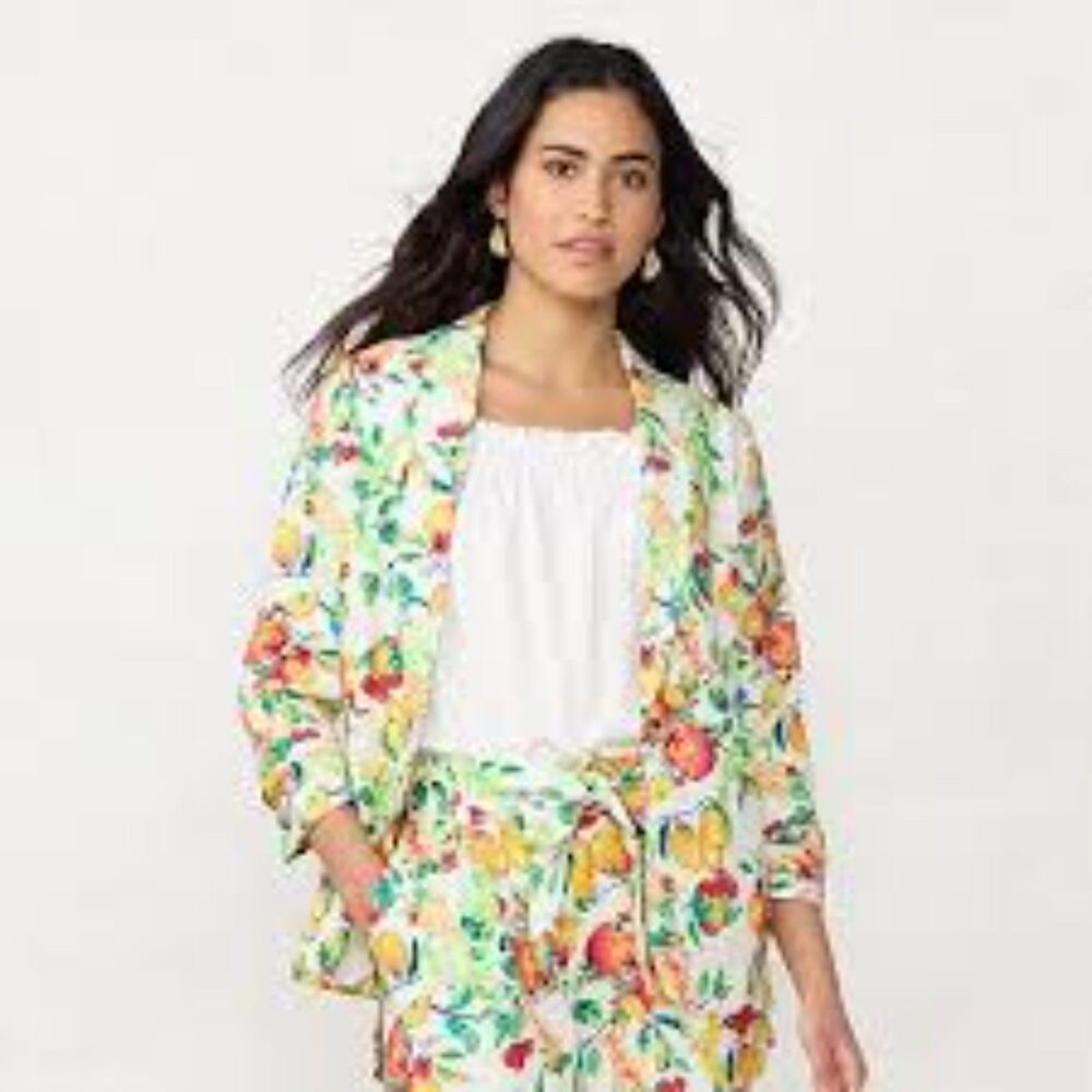 LC Lauren Conrad Ruched Sleeve Blazer Jacket Summer Novelty Print Plus Size XXL - Picture 1 of 16